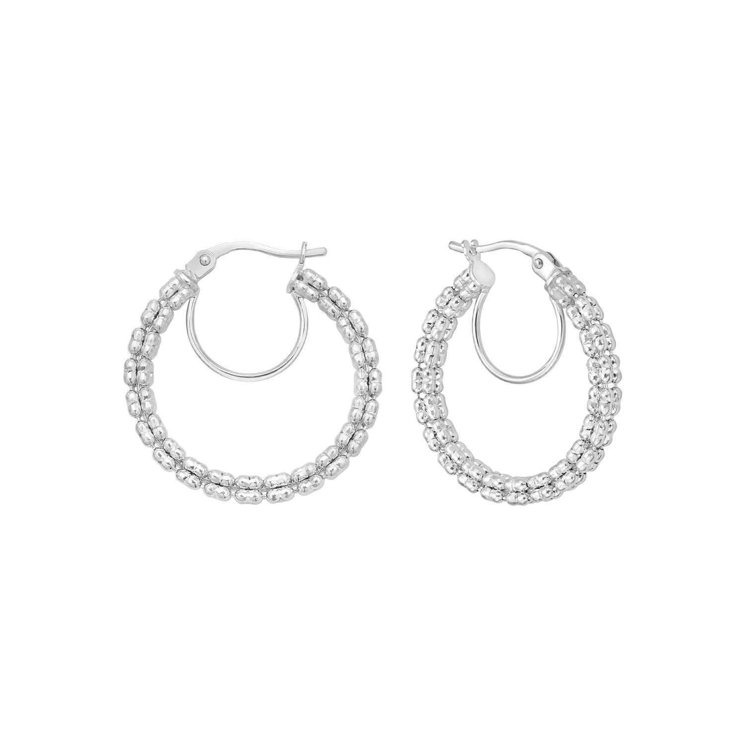 14K White Gold Ice Chain Round Hoops Earrings