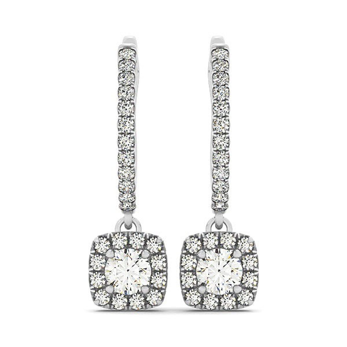 Cushion Shape Halo Style Diamond Drop Earrings in 14k White Gold (1/2 cttw)