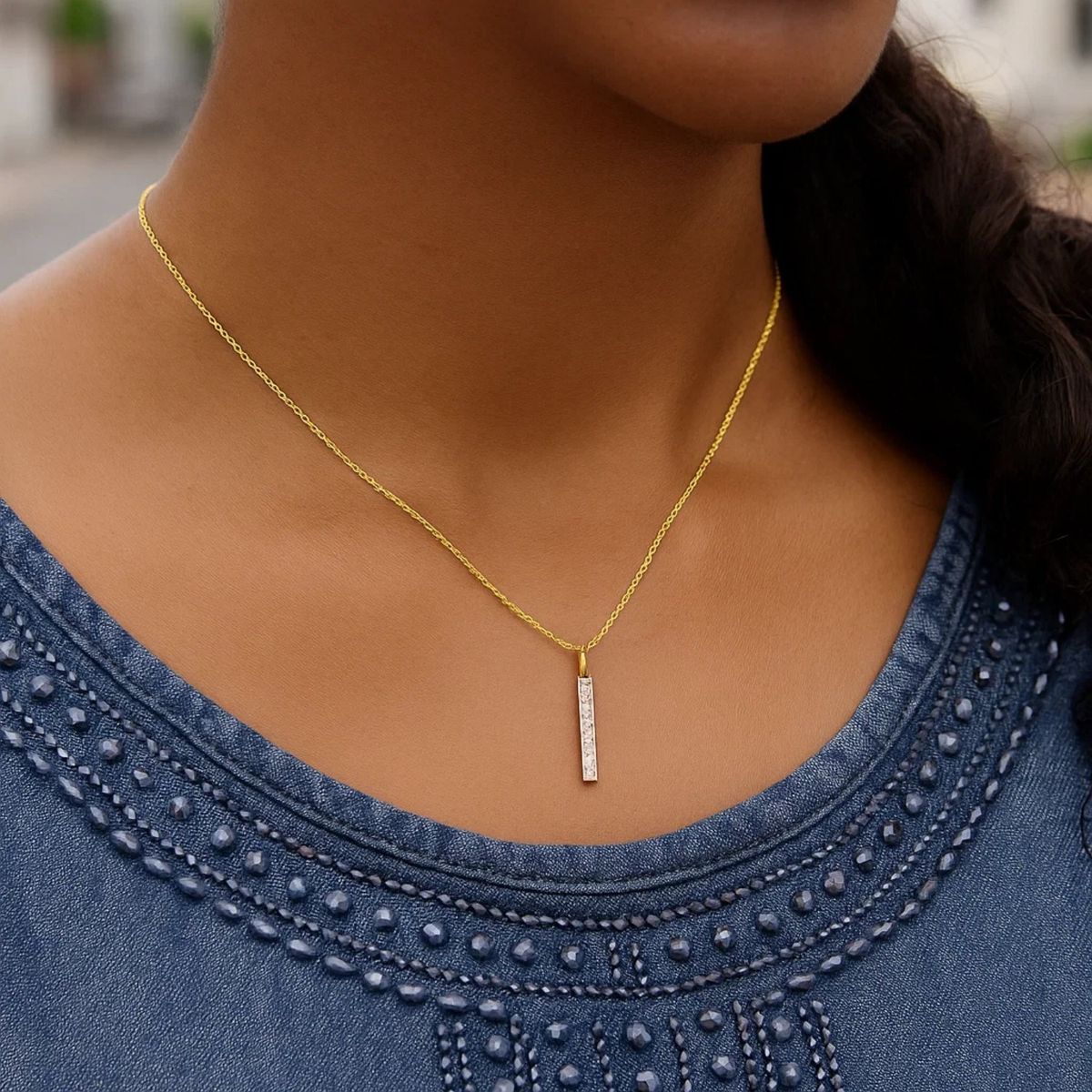 14k Yellow Gold Bar Pendant with Diamonds thumbnail 4
