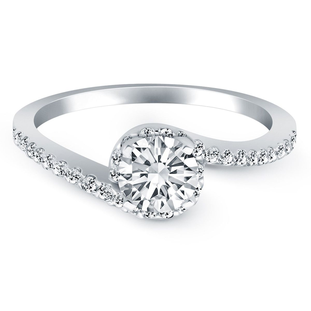14k White Gold Bypass Swirl Diamond Halo Engagement Ring thumbnail 2