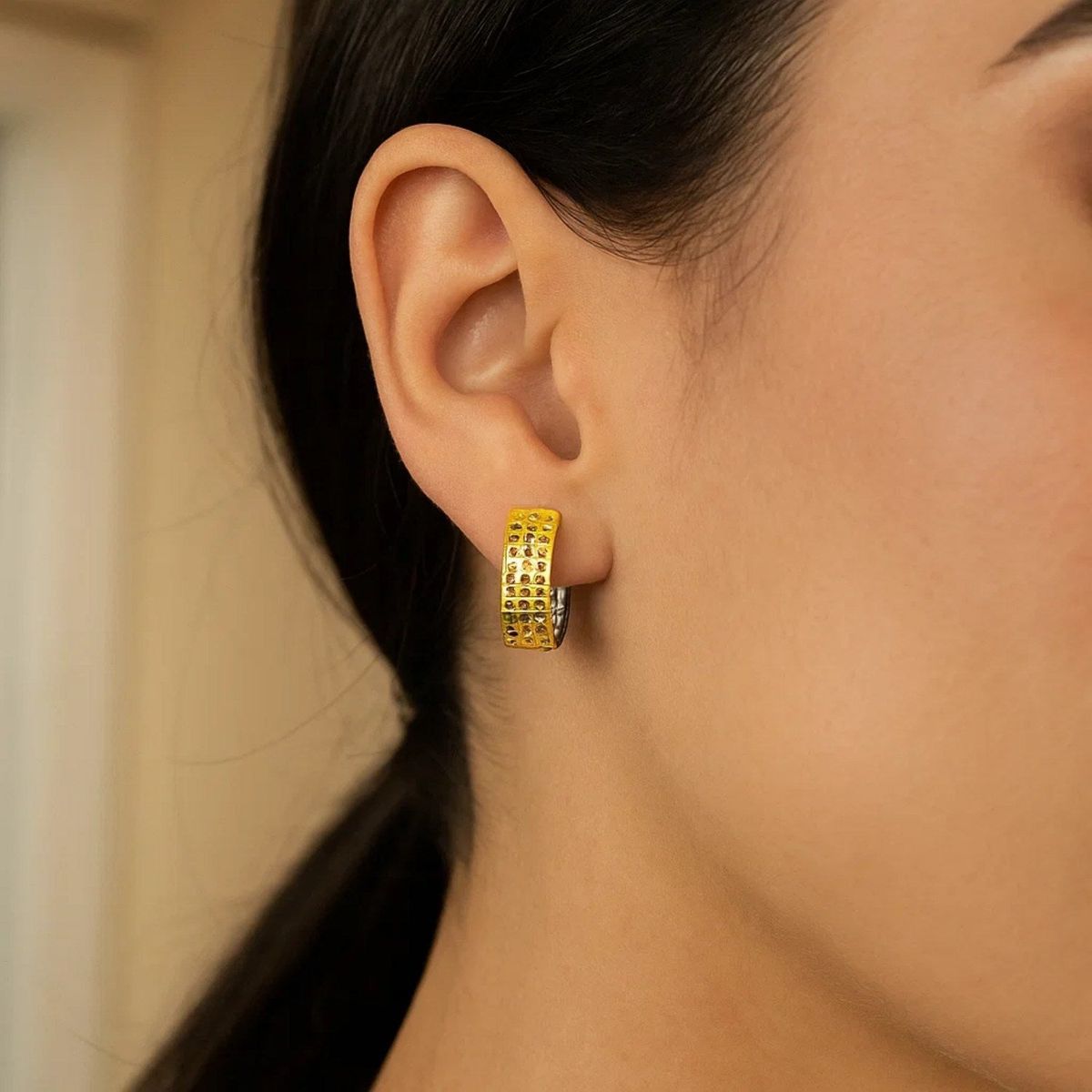 14k Two-Tone Gold Snuggable Earrings with a Mesh Style thumbnail 2