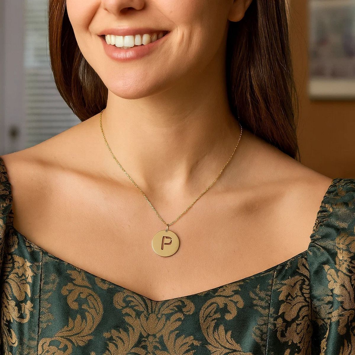 14K Yellow Gold Disc Initial P Pendant thumbnail 2
