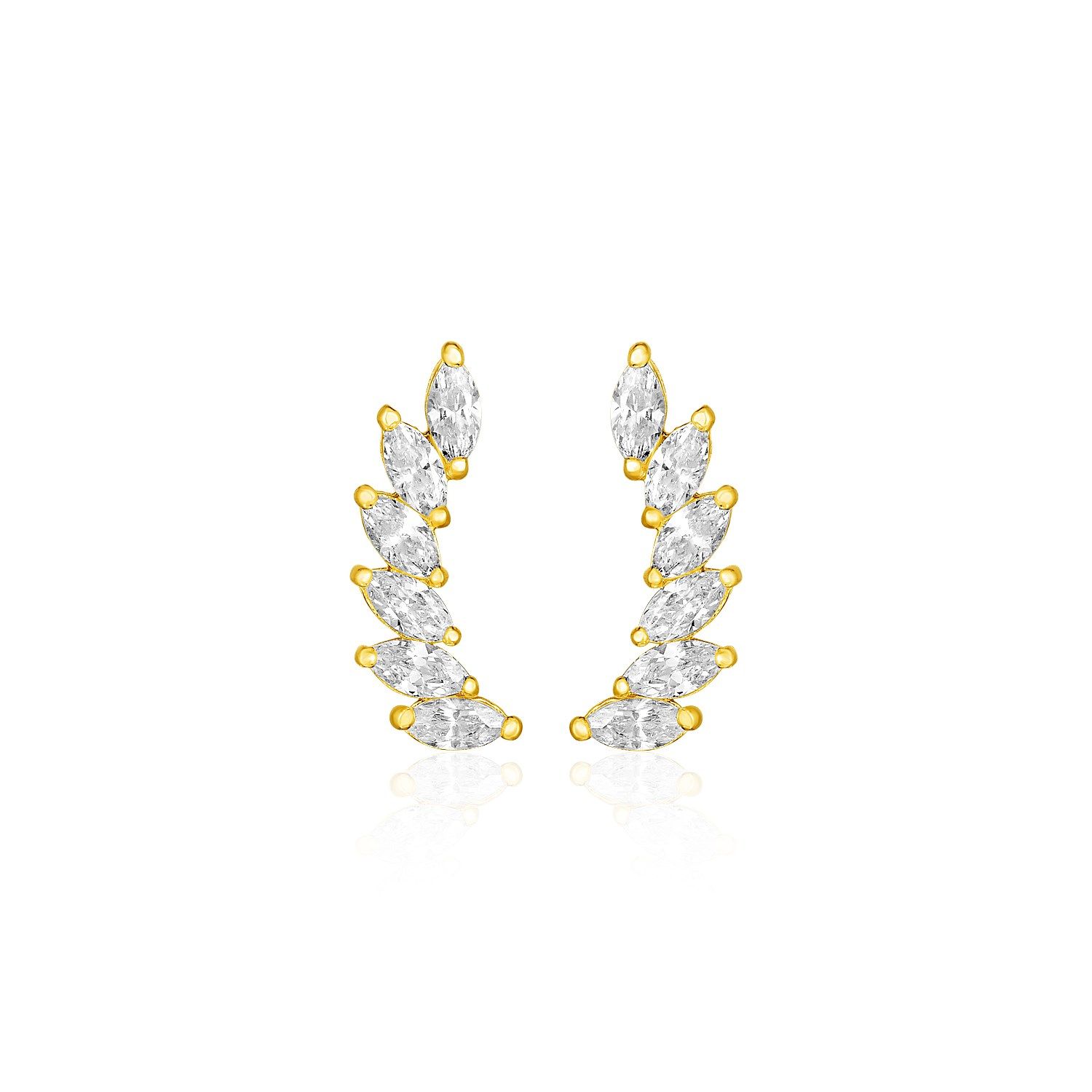 14k Yellow Gold Leaf Motif Climber Post Earrings with Marquise Cubic Zirconias