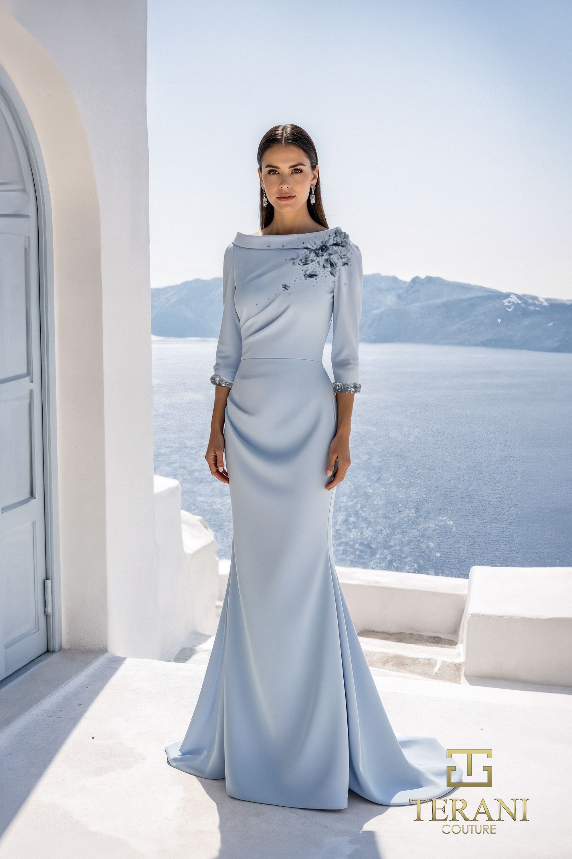 Terani Couture 261E6701 - Embellished Bateau Crepe Sheath Gown