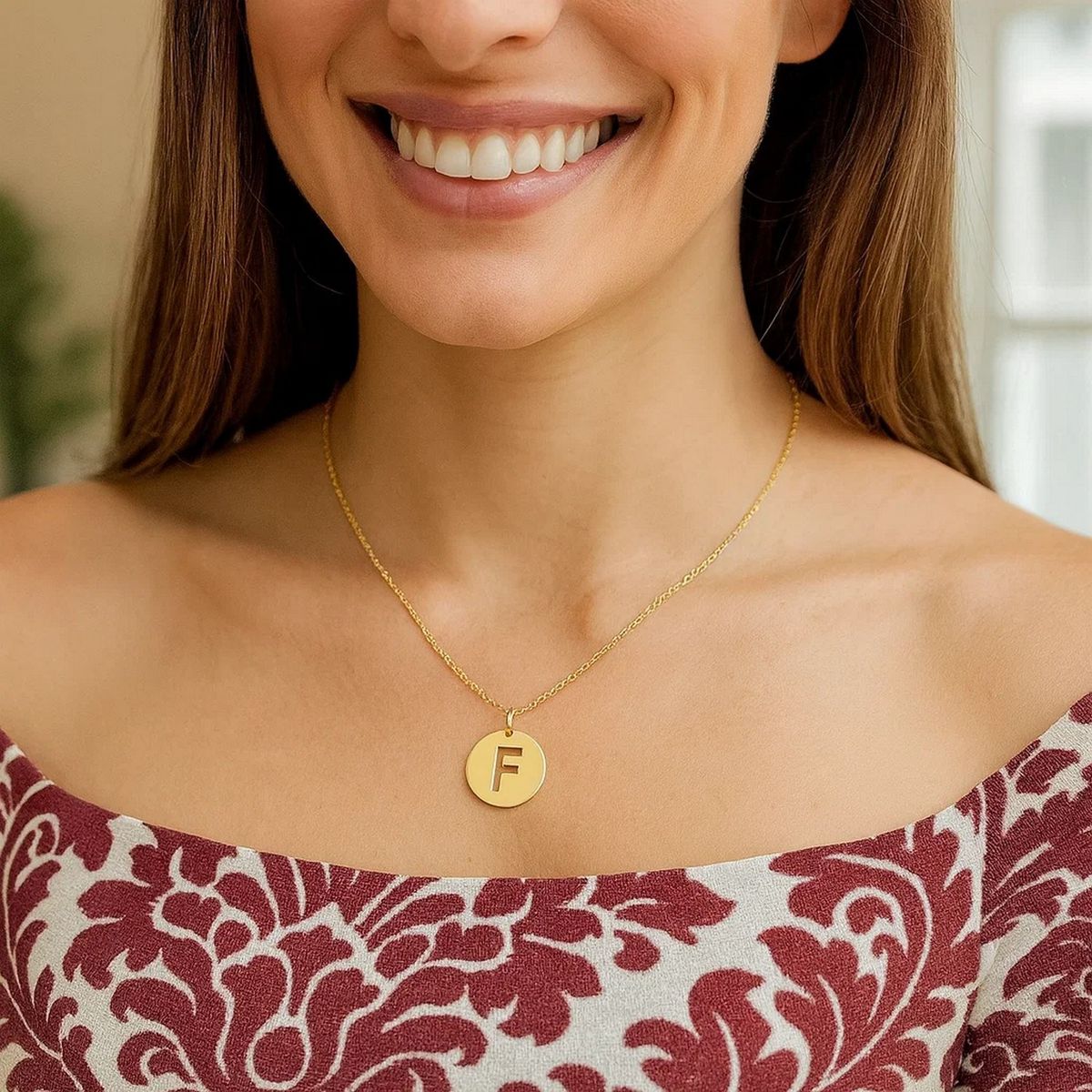 14K Yellow Gold Disc Initial F Pendant thumbnail 3