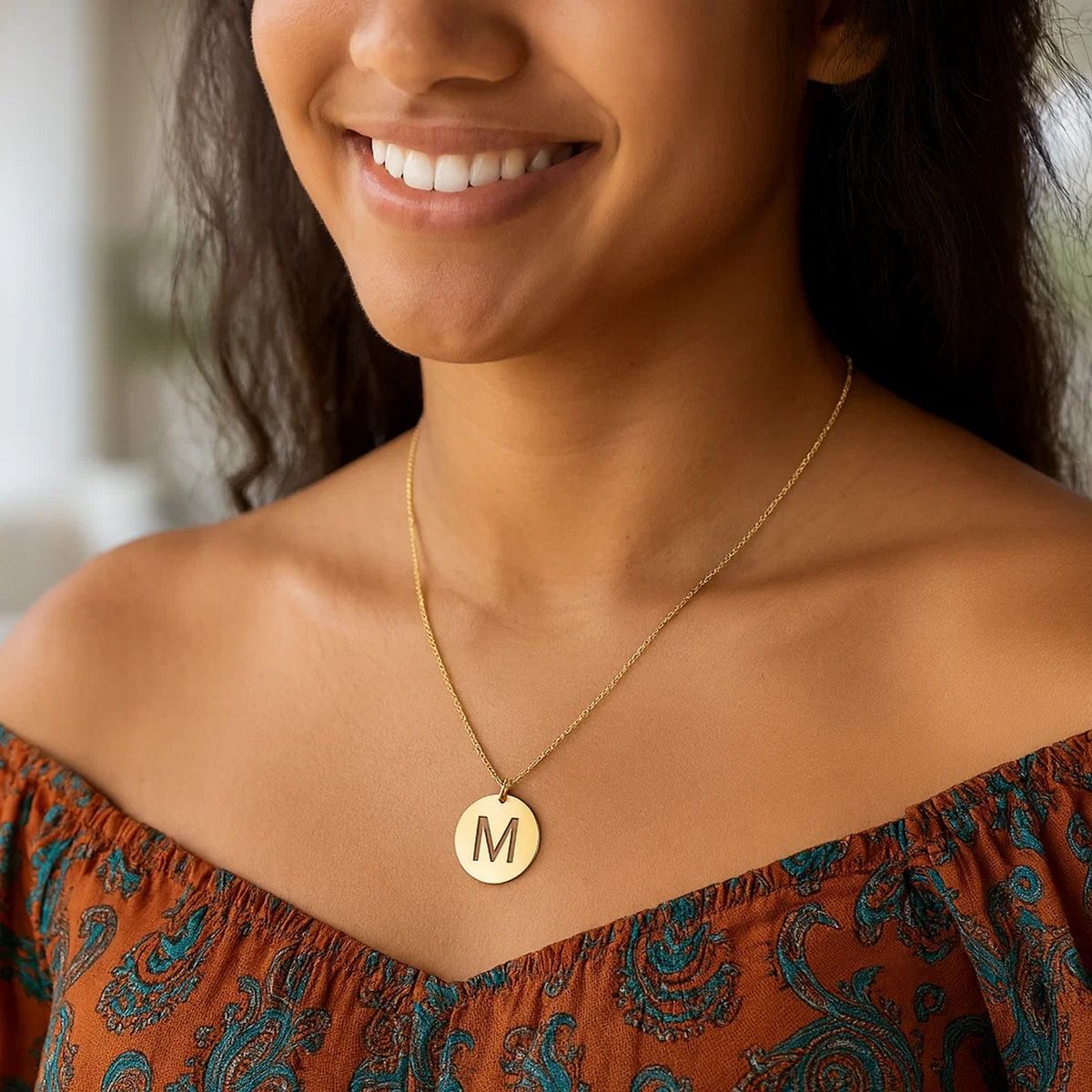 14K Yellow Gold Disc Initial M Pendant thumbnail 2