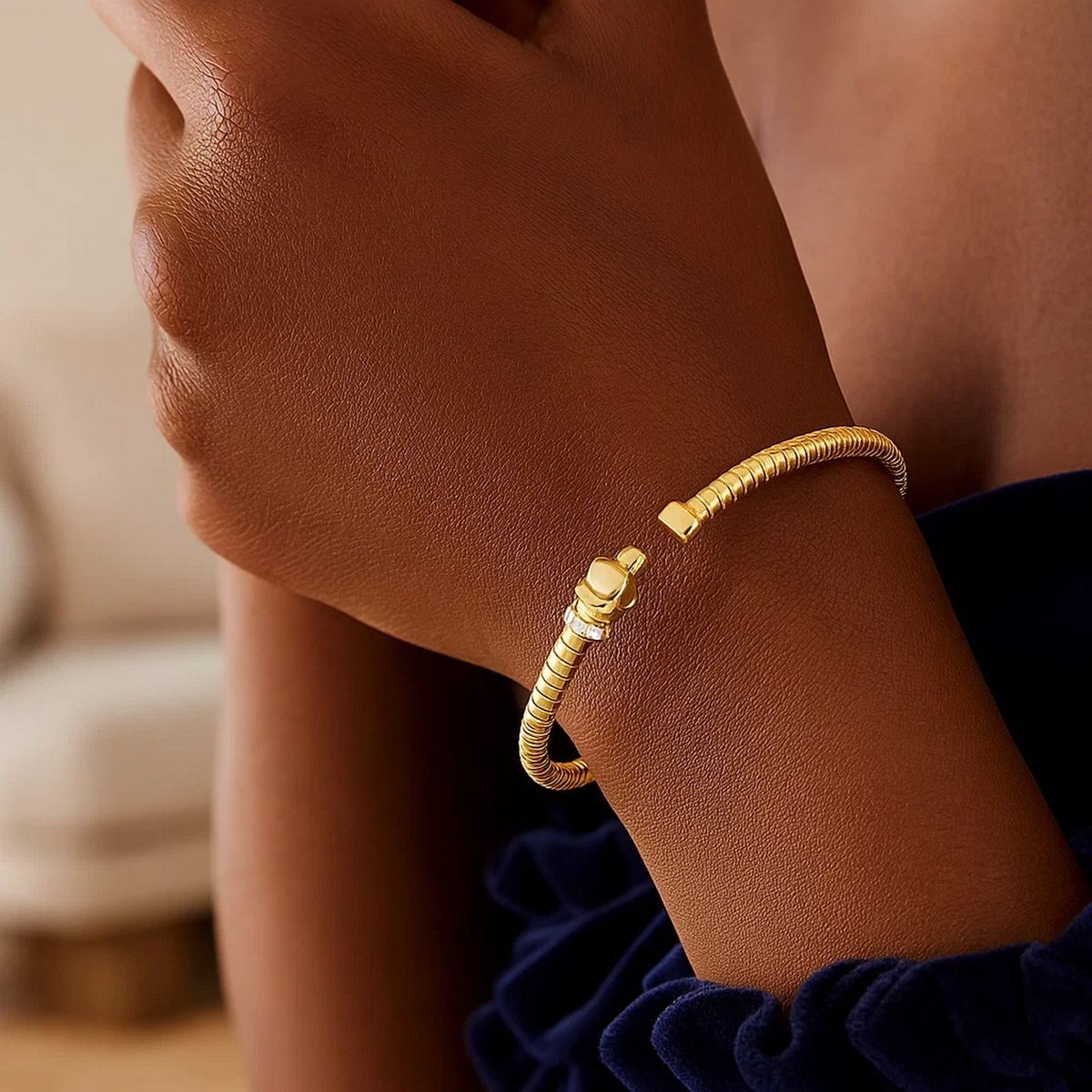 14K Yellow Gold Tubogas Panther Cuff with Diamonds (3.90 mm) thumbnail 4
