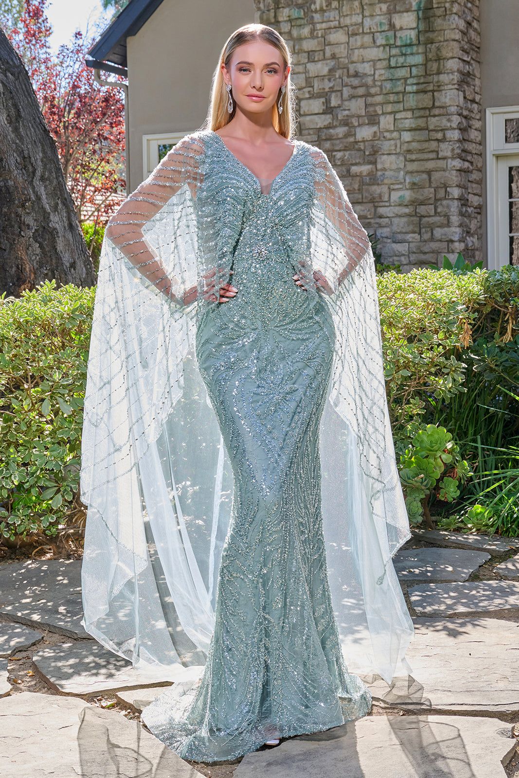 Beaded Fitted Capelet Gown by GLS Gloria GL3835