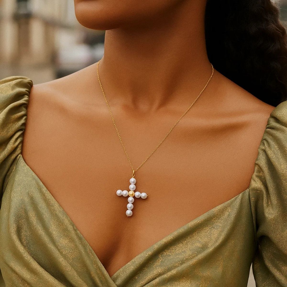 14k Yellow Gold Pearl Cross Pendant thumbnail 5