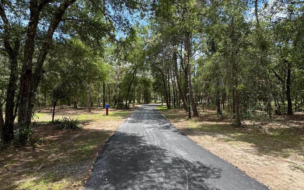 Completed asphalt driveway through a wooded residential property
