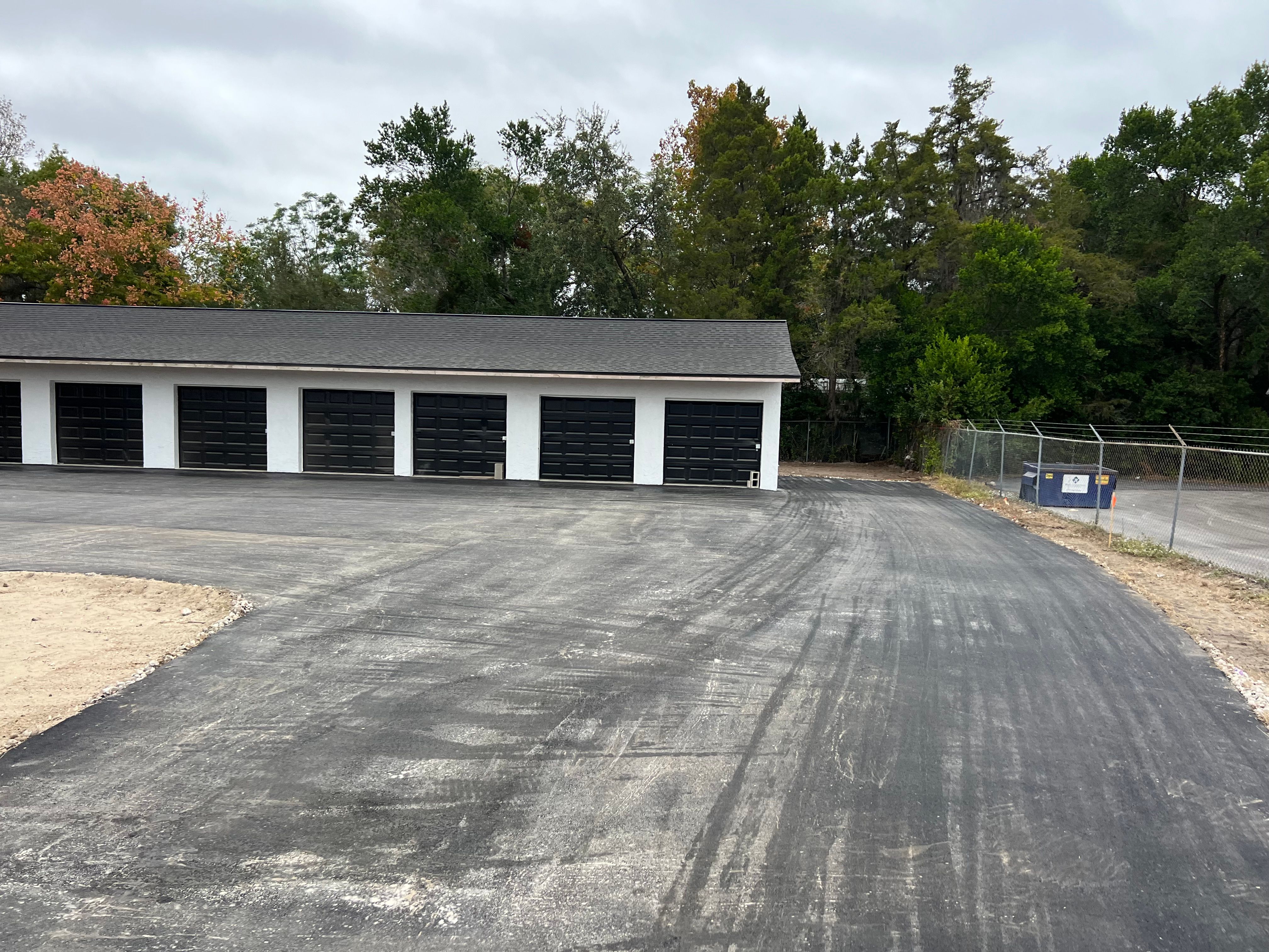 Prepared pavement area in front of self-storage buildings