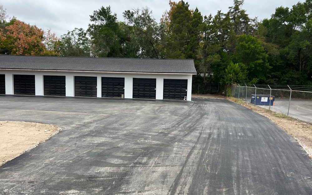 Prepared pavement area in front of self-storage buildings