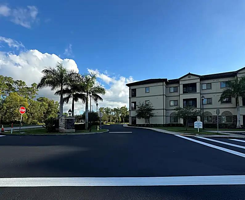 Entrance with stop sign and striping