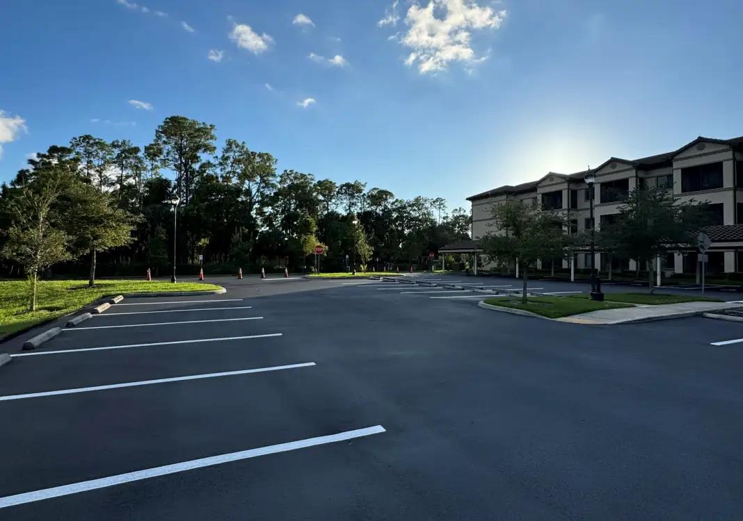 Parking lot with angled spaces