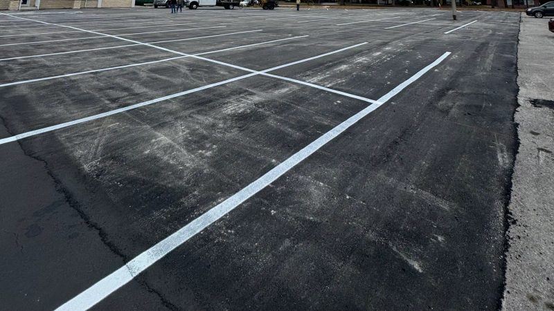 Fresh white parking-space striping across a commercial asphalt lot