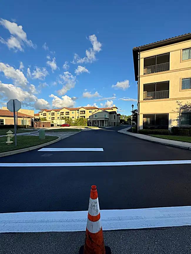 Residential buildings with fresh pavement