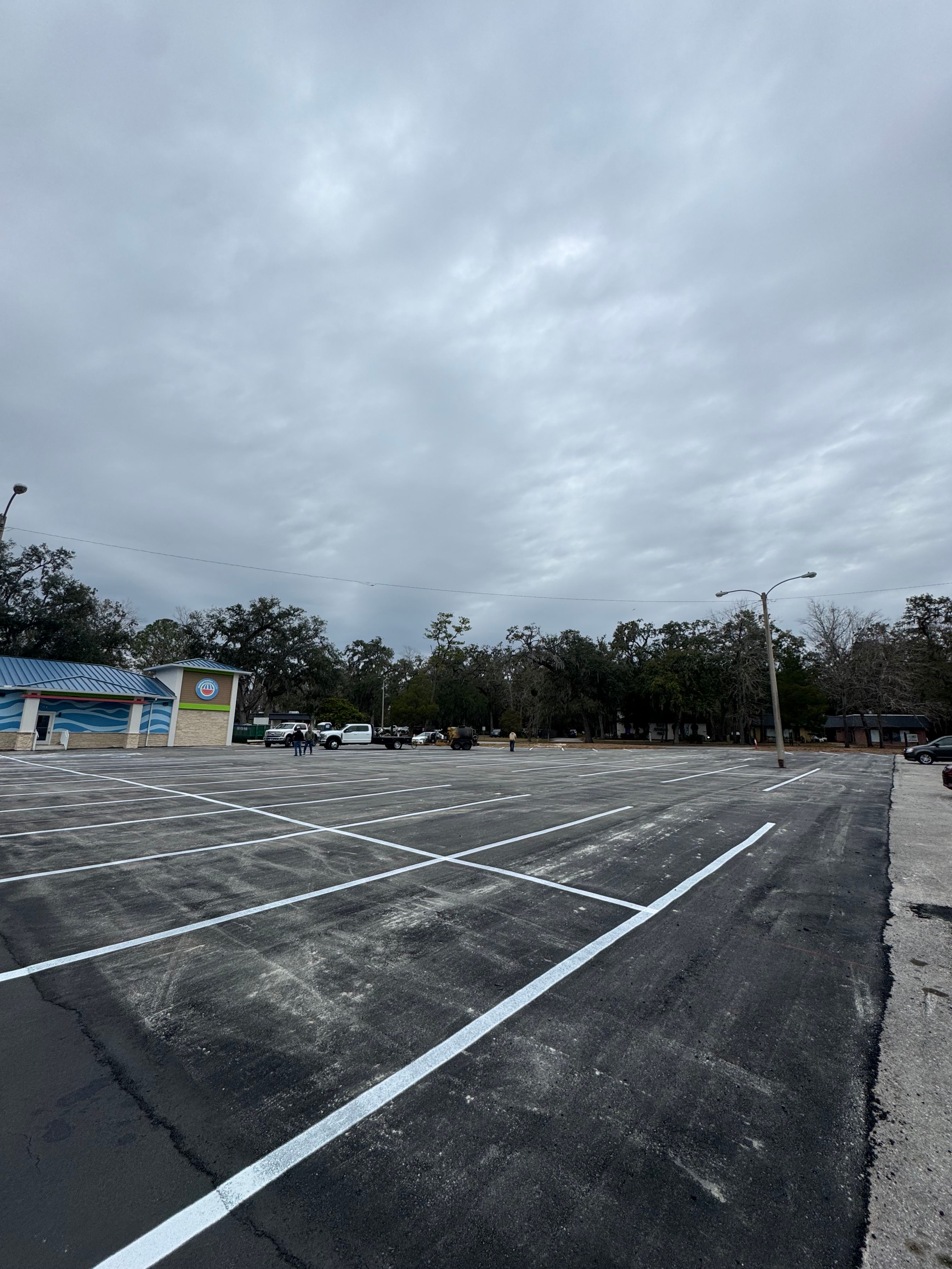 Fresh white parking-space striping on a commercial asphalt lot