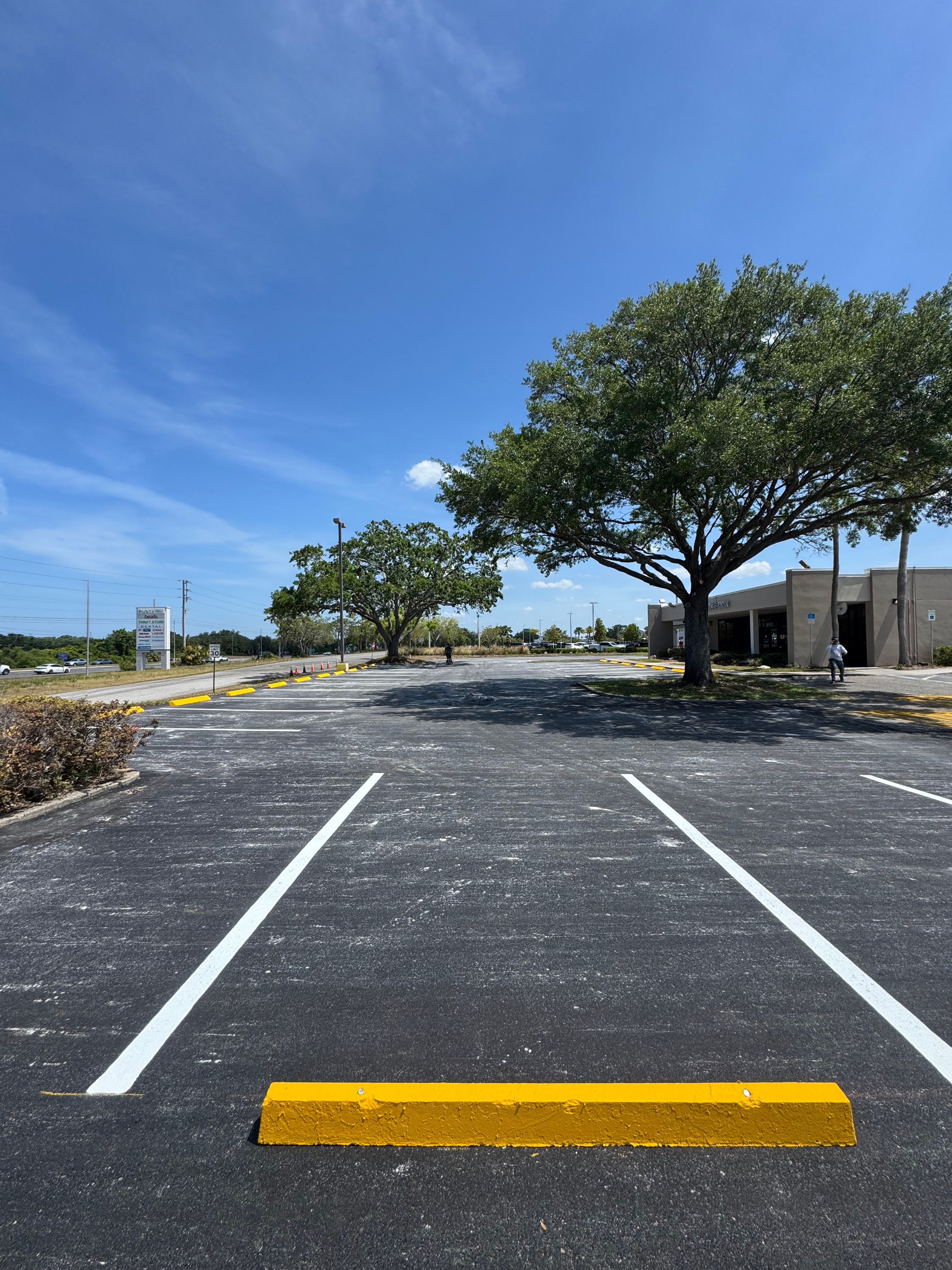 Fresh white parking lines and yellow wheel stops on asphalt