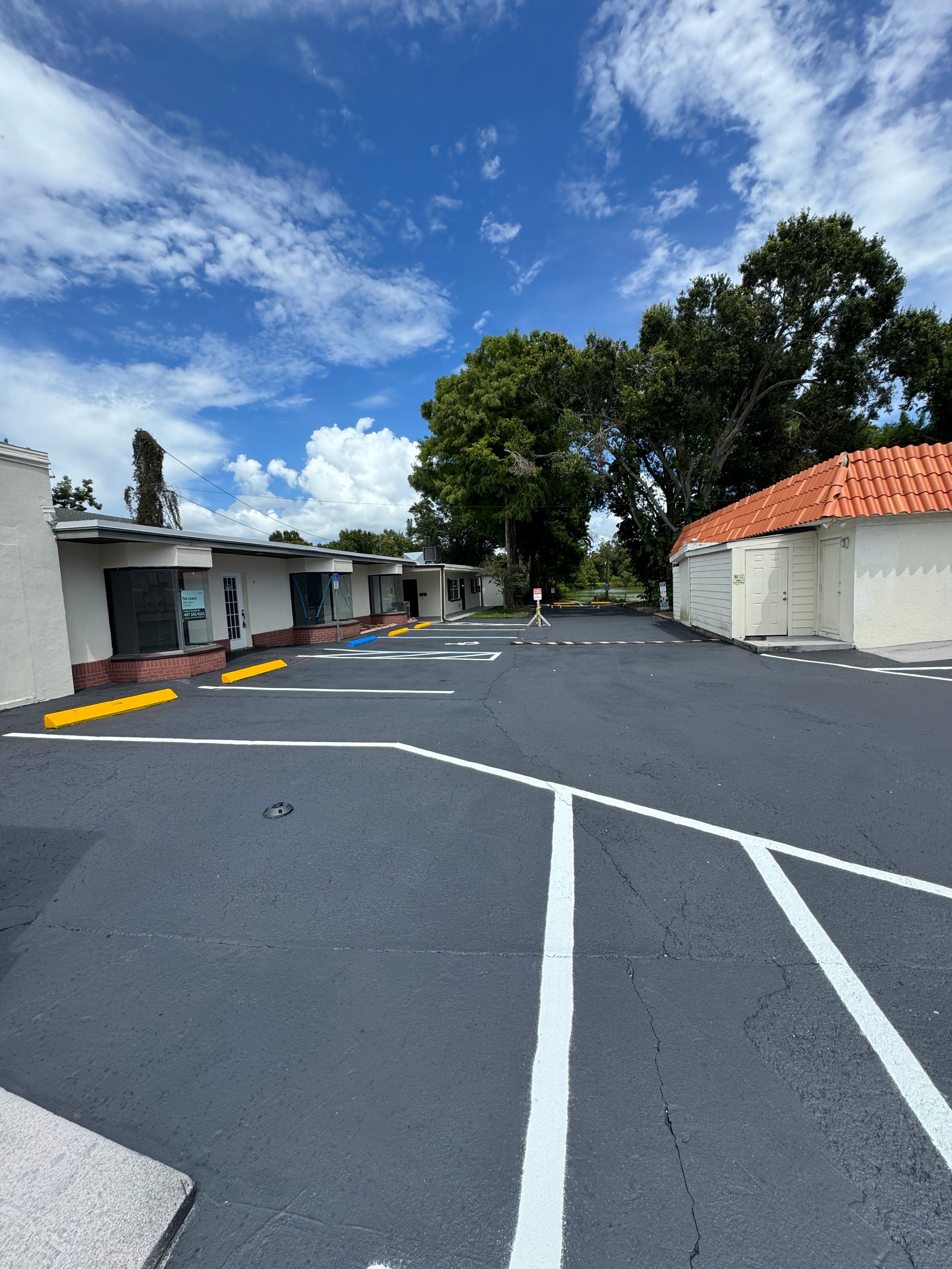 Freshly marked access aisle and parking spaces on new asphalt
