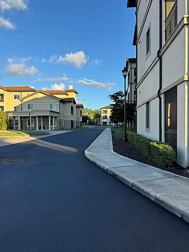 Main driveway with fresh sealcoat