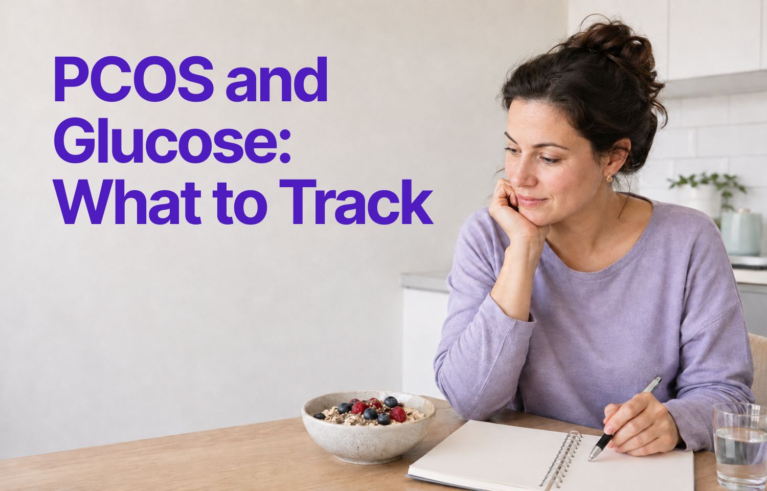 A woman sits at a kitchen table with a bowl of oat porridge topped with berries, resting her chin on one hand and holding a pen over an open notebook. Title text: PCOS and Glucose, What to Track.