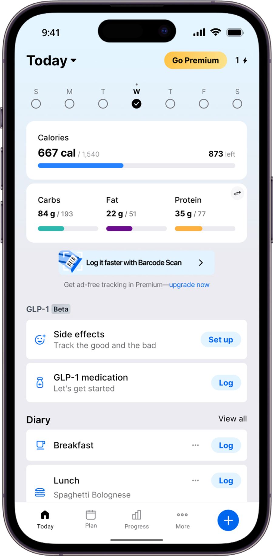 MyFitnessPal home screen showing calorie and macro totals above the food diary