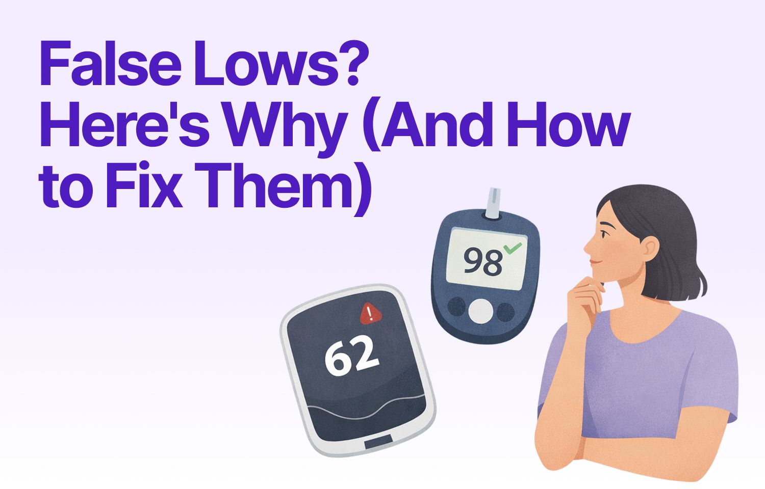Informational graphic titled 'False Lows?' showing a comparison between a CGM reading of 62 and a finger-stick glucose meter reading of 98.