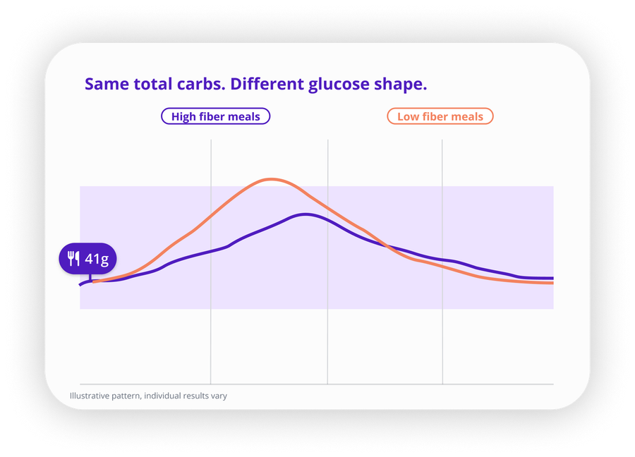 Same total carbs. Different glucose shape. High-fiber meals tend to produce a slower, lower glucose rise than lower-fiber meals with the same total carb count. Illustrative pattern, individual results vary.