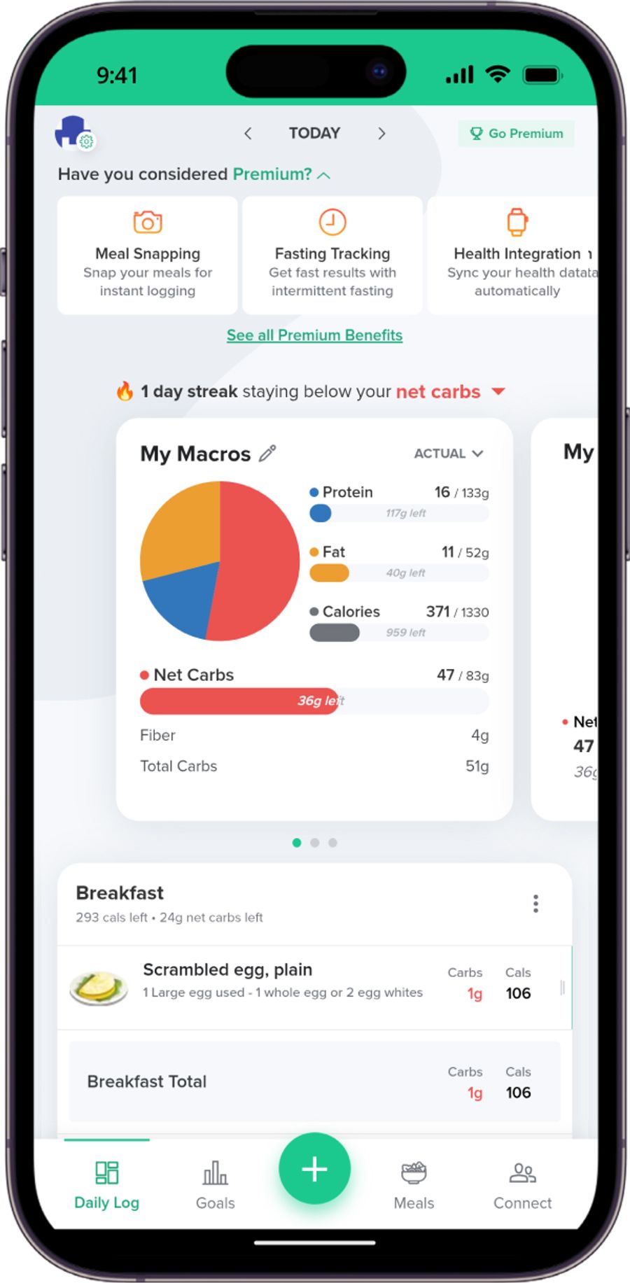 Carb Manager home screen showing net carb and macro targets above the day's log