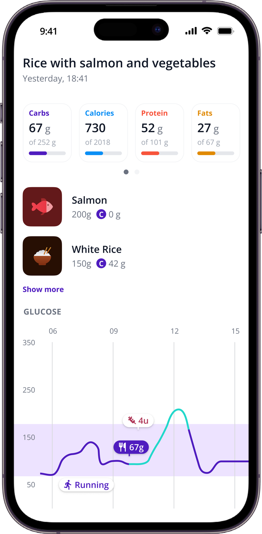 SNAQ showing a single meal's glucose response next to its carb and nutrition breakdown