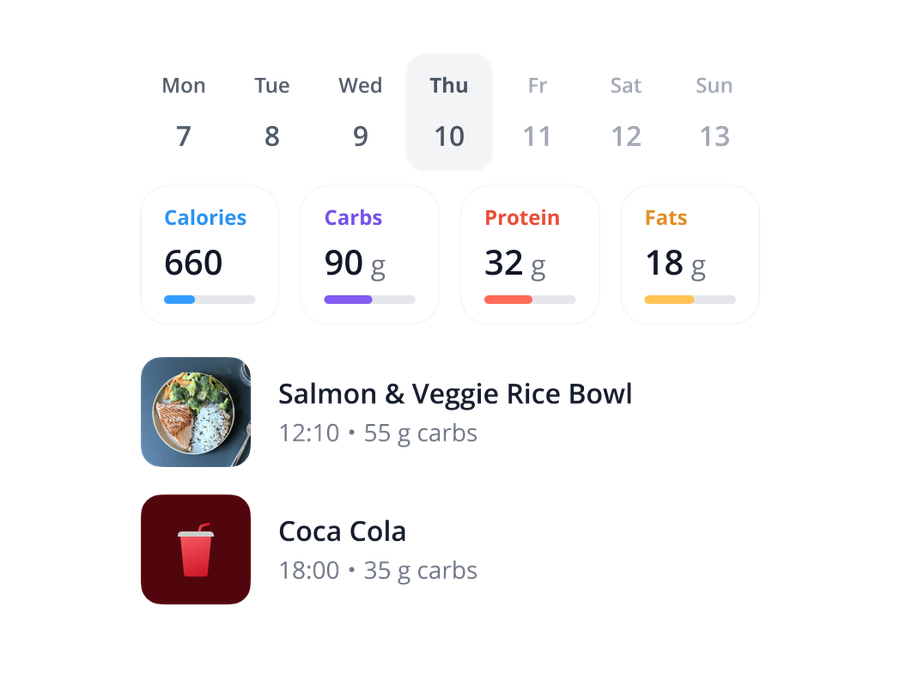 SNAQ home screen showing a logged meal with calories, carbs, protein and fat