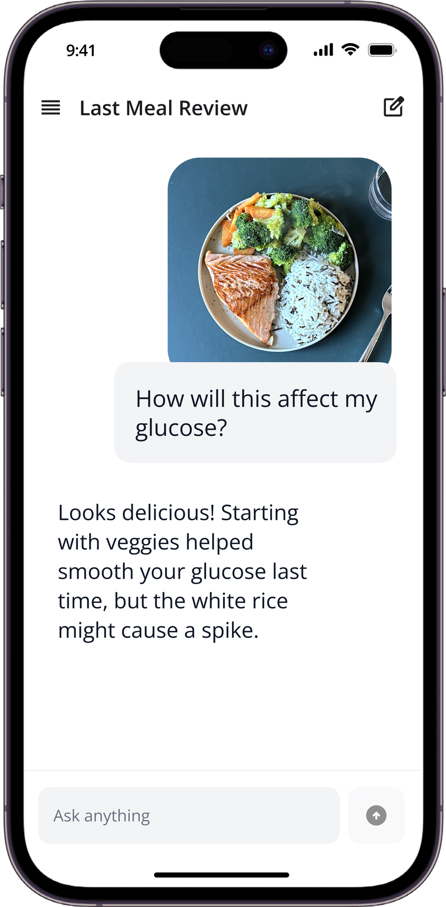 SNAQ AI Nutritionist answering a question about a specific meal with glucose context