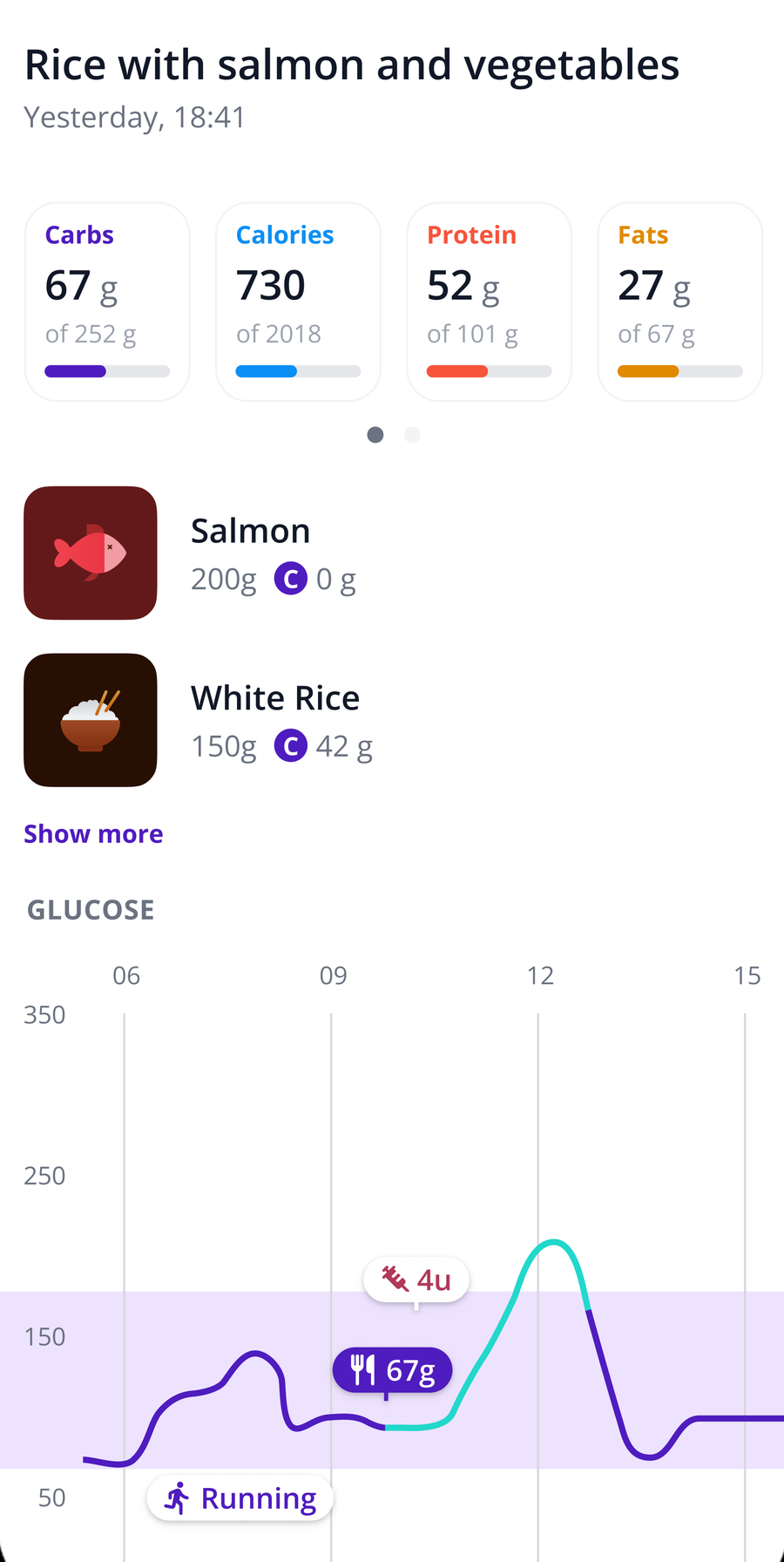 SNAQ meal summary for a rice and salmon meal, showing carbs, calories, protein and fat, the logged foods, and a glucose curve below with the meal and an insulin dose marked on it