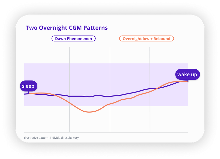 CGM graph comparing the dawn phenomenon's gradual early-morning rise with an overnight low followed by a sharp rebound rise.