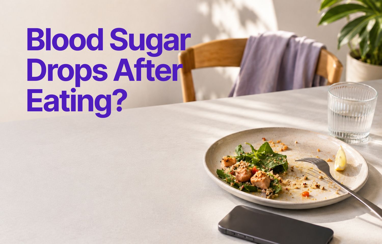 Header illustration for an article on why blood sugar drops after eating on a CGM.
