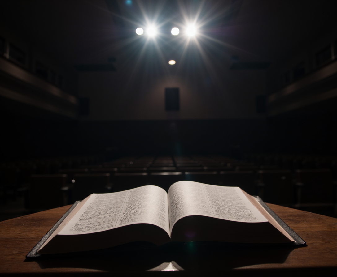 From the speaker’s point of view, looking out over an empty audience toward a pulpit with an open Bible resting on it. The pulpit and Bible are illuminated by focused overhead lights, creating a sense of reverence and contemplation. The audience is deliberately not visible in the image to emphasize the speaker’s perspective and introspective mood. The overall atmosphere should evoke thoughtful reflection on the theme of calling versus a temporary role in preaching.
