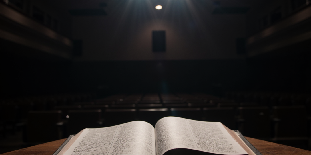 From the speaker’s point of view, looking out over an empty audience toward a pulpit with an open Bible resting on it. The pulpit and Bible are illuminated by focused overhead lights, creating a sense of reverence and contemplation. The audience is deliberately not visible in the image to emphasize the speaker’s perspective and introspective mood. The overall atmosphere should evoke thoughtful reflection on the theme of calling versus a temporary role in preaching.