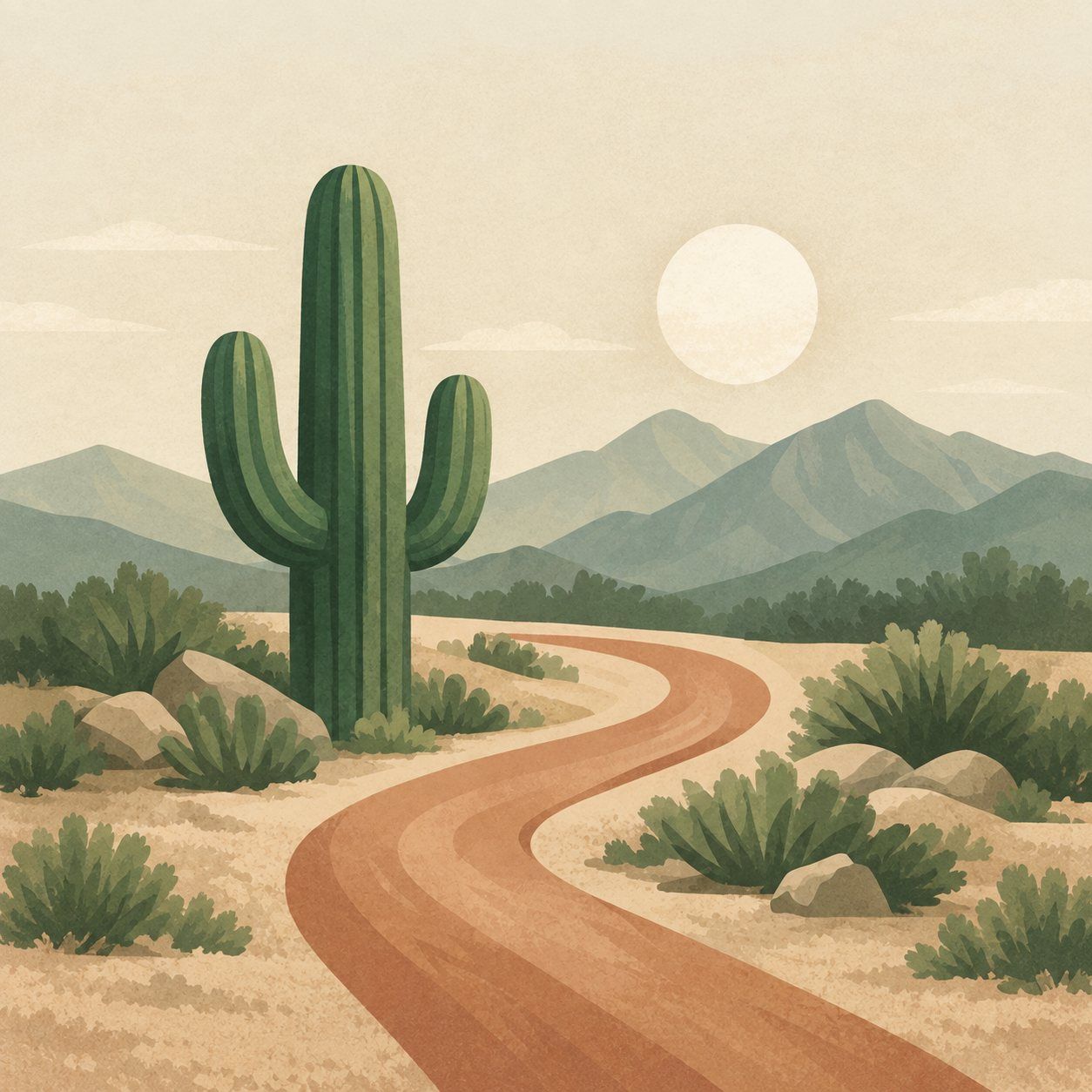 Illustration of a saguaro beside a winding desert path