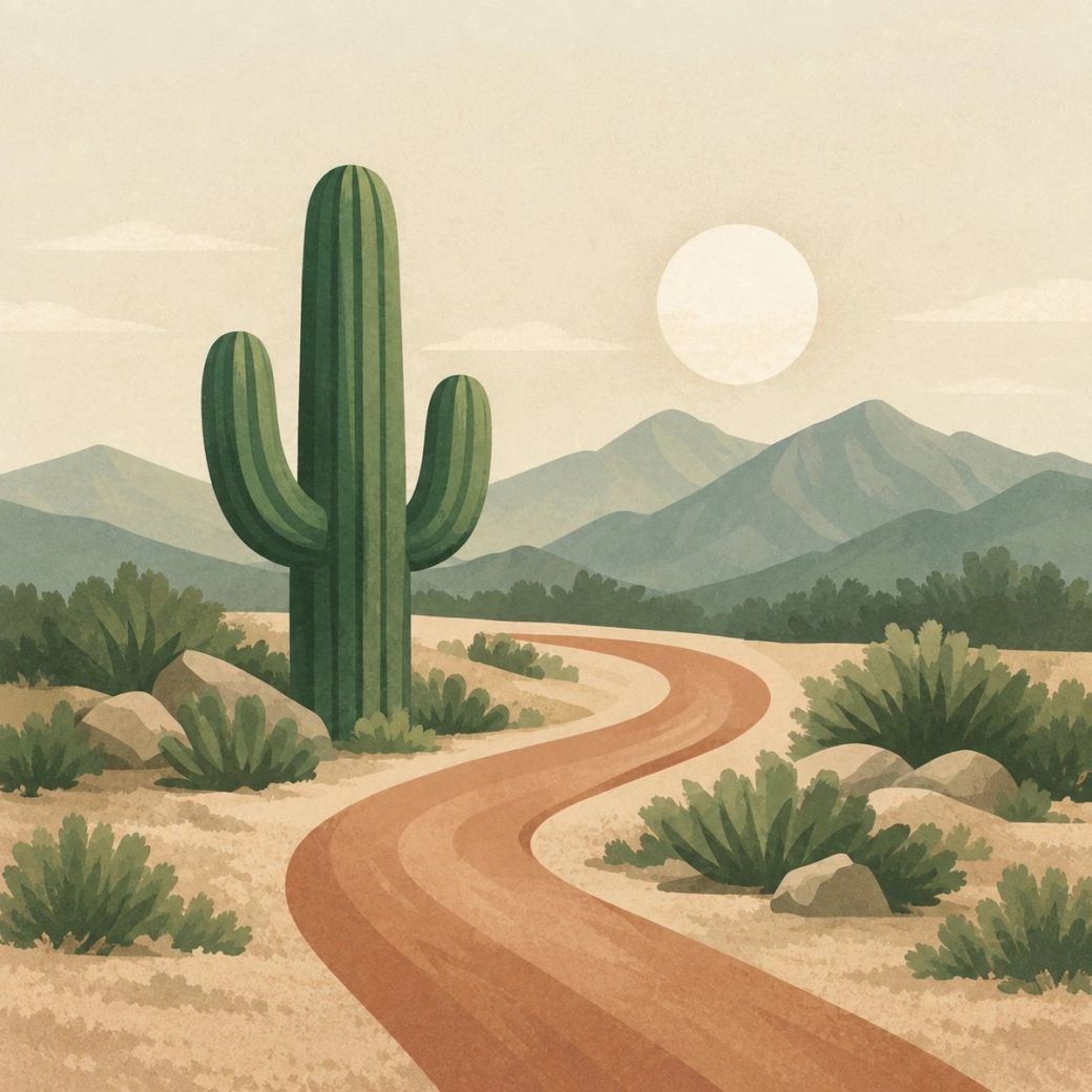 Illustration of a saguaro beside a winding desert path