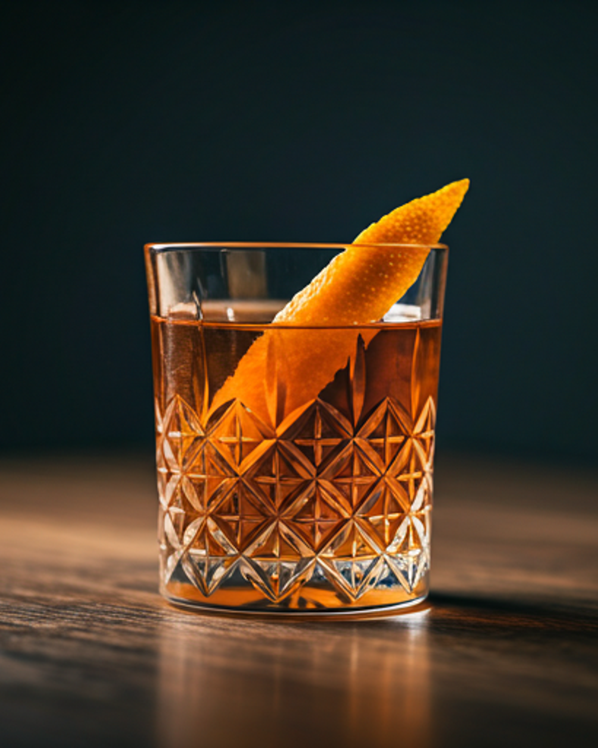 Elegant cocktail with citrus garnish in crystal glass