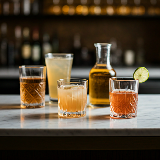Selection of cocktails arranged on a marble bar top