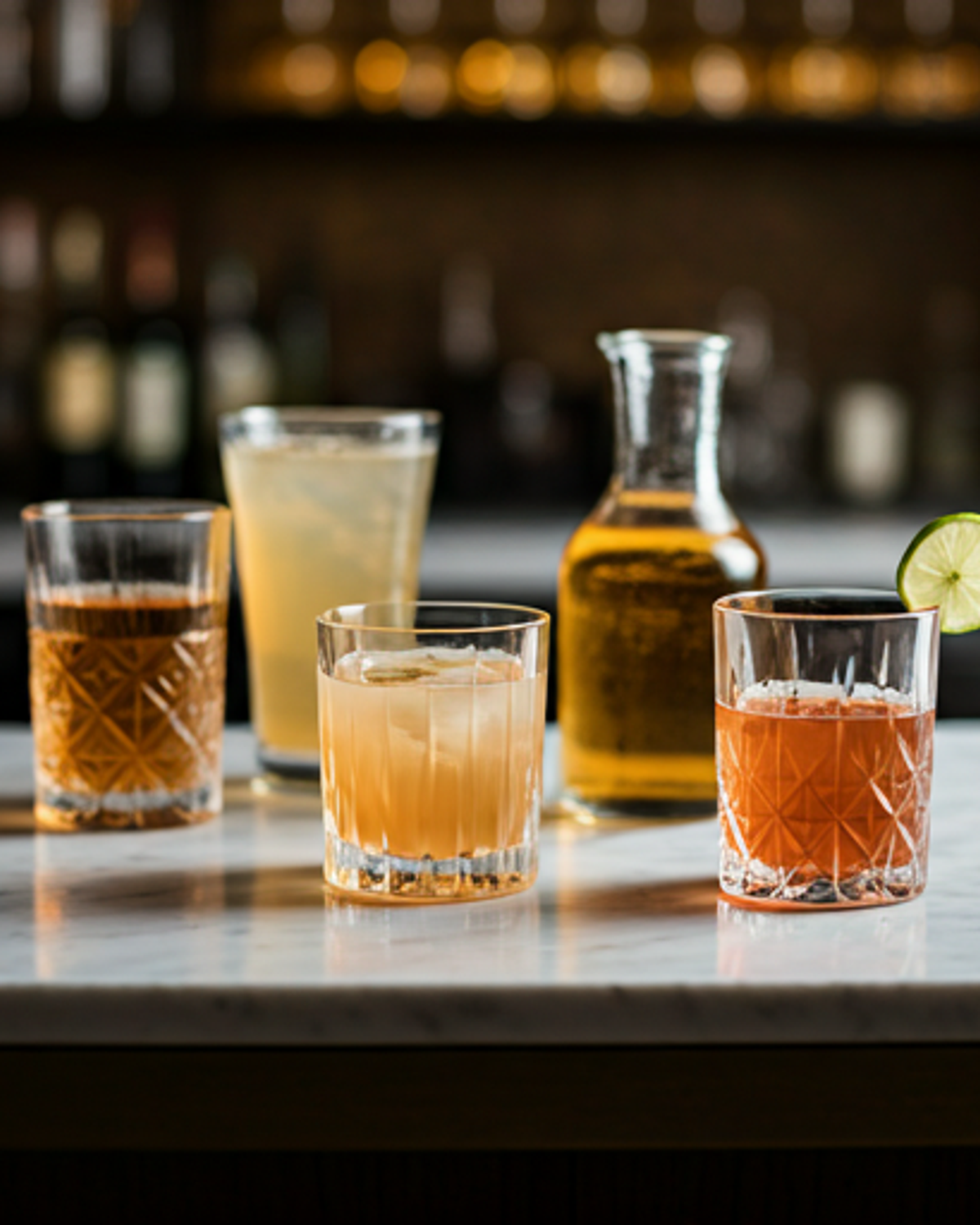 Selection of cocktails arranged on a marble bar top