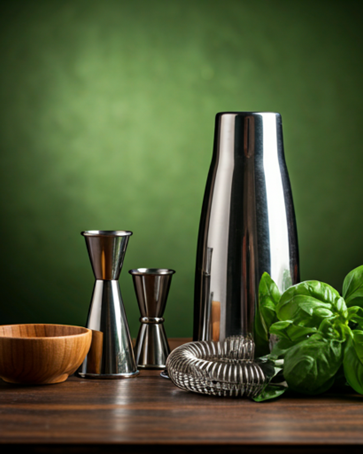 Bar tools and fresh ingredients staged for cocktail service
