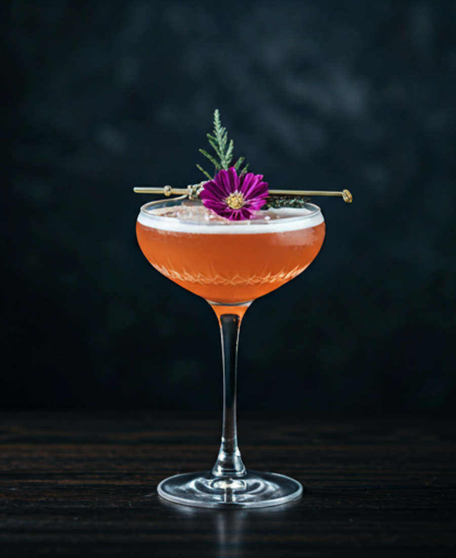 Styled cocktail with floral garnish on a luxury mobile bartending setup