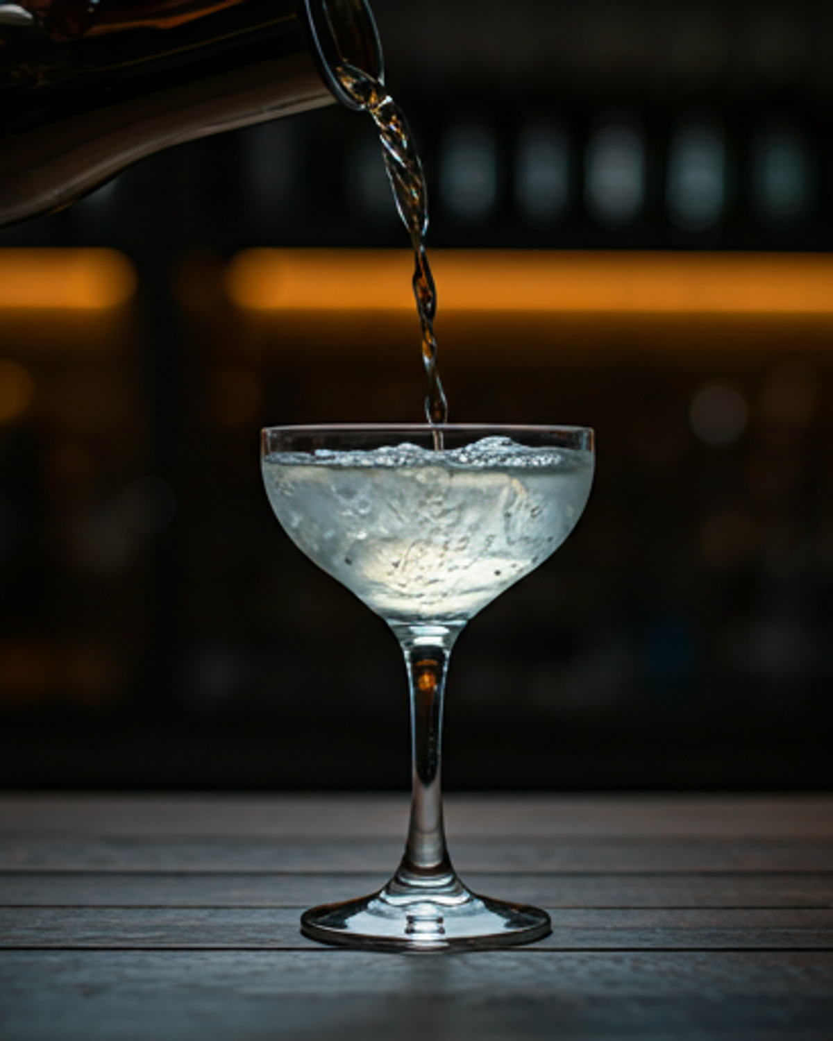 Martini being poured into a chilled coupe glass