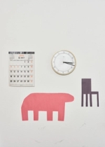 Calendar and clock amidst cut paper forms.