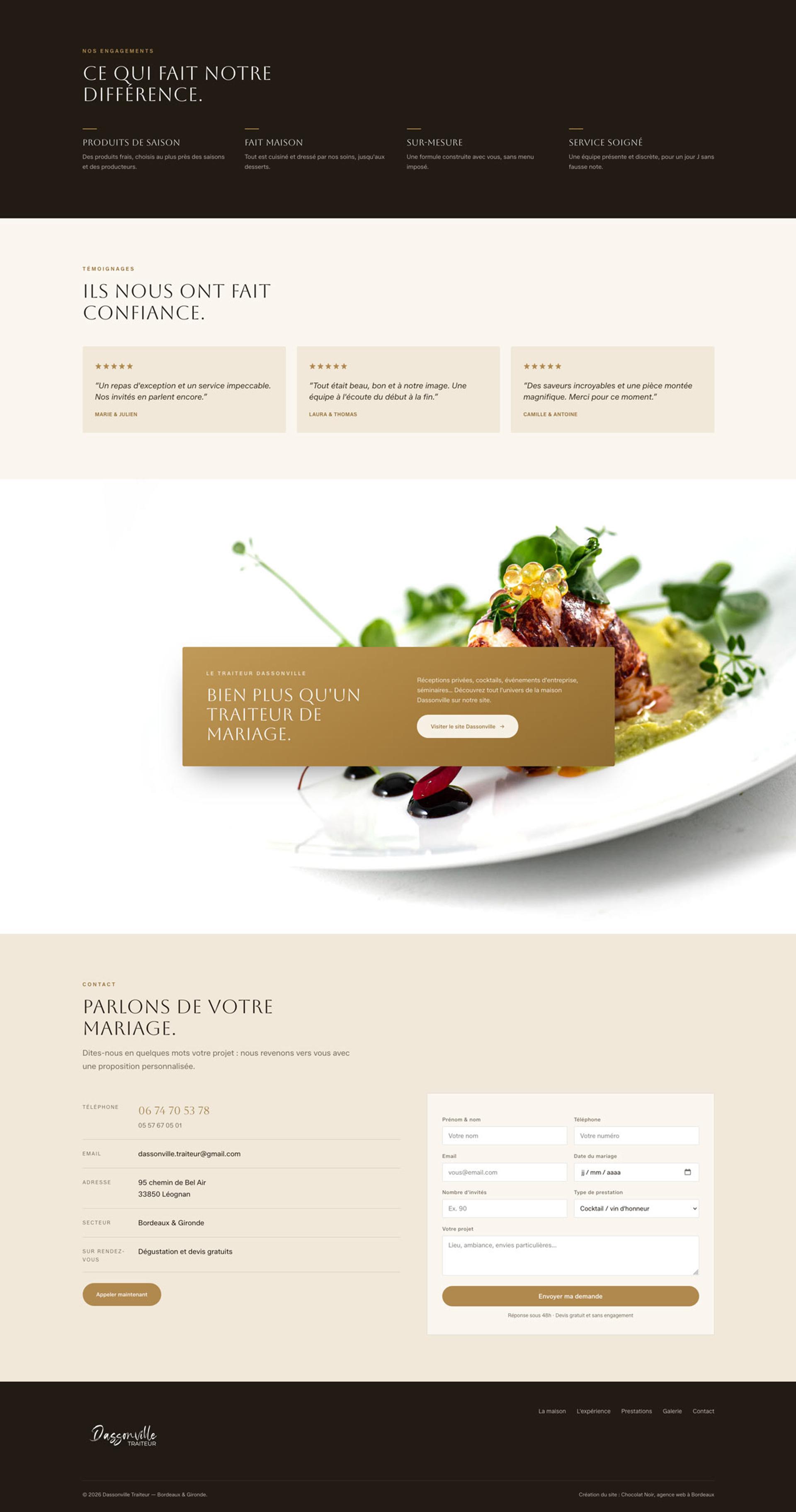Page complète de la landing page mariage Dassonville Traiteur