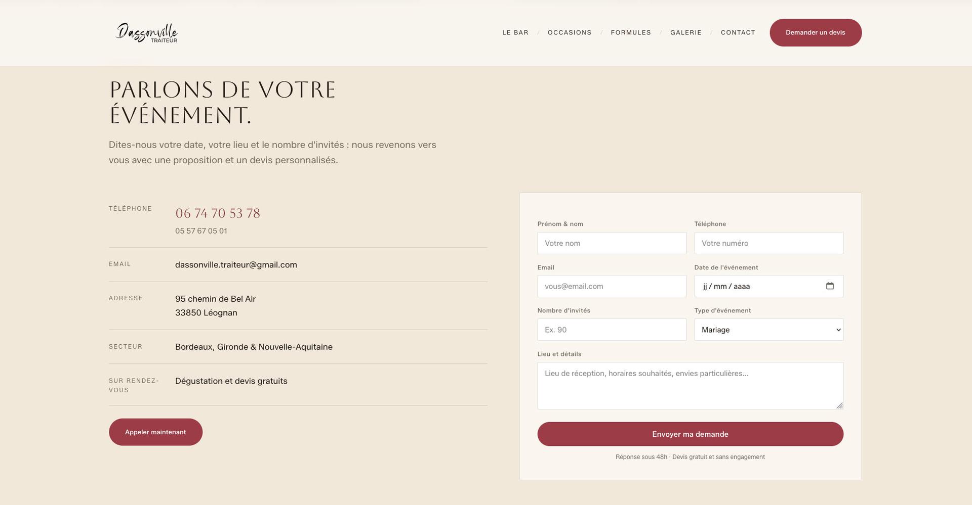 Formulaire de demande de devis en bas de la landing page bar à cocktails