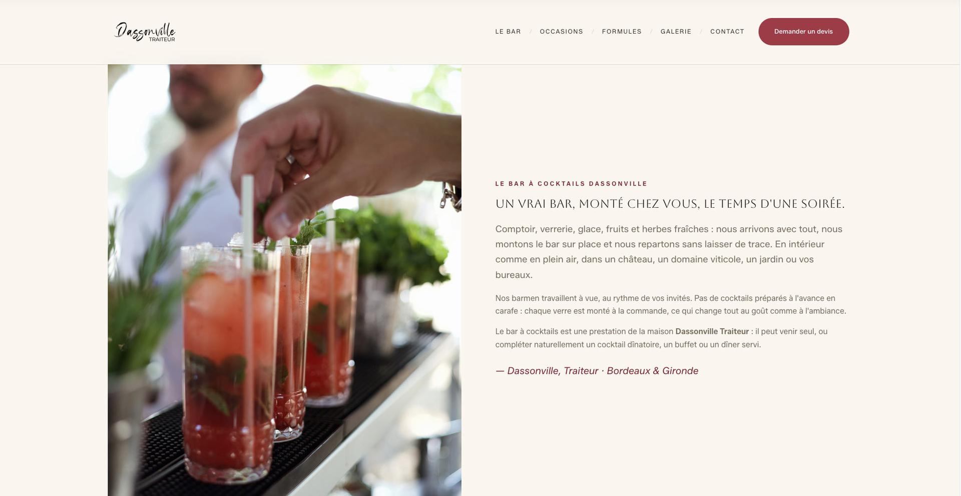 Section « un bar à cocktails pour chaque type d'événement » de la landing page Dassonville