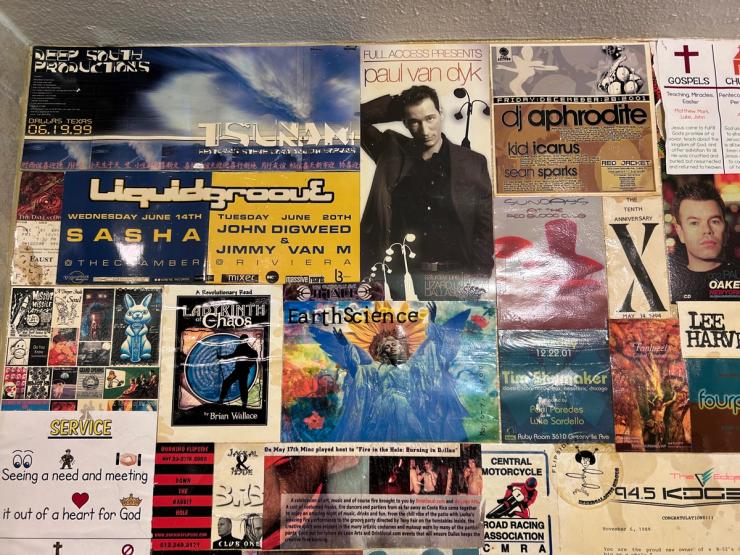 Bathroom wall of ticket stubs, close-up.